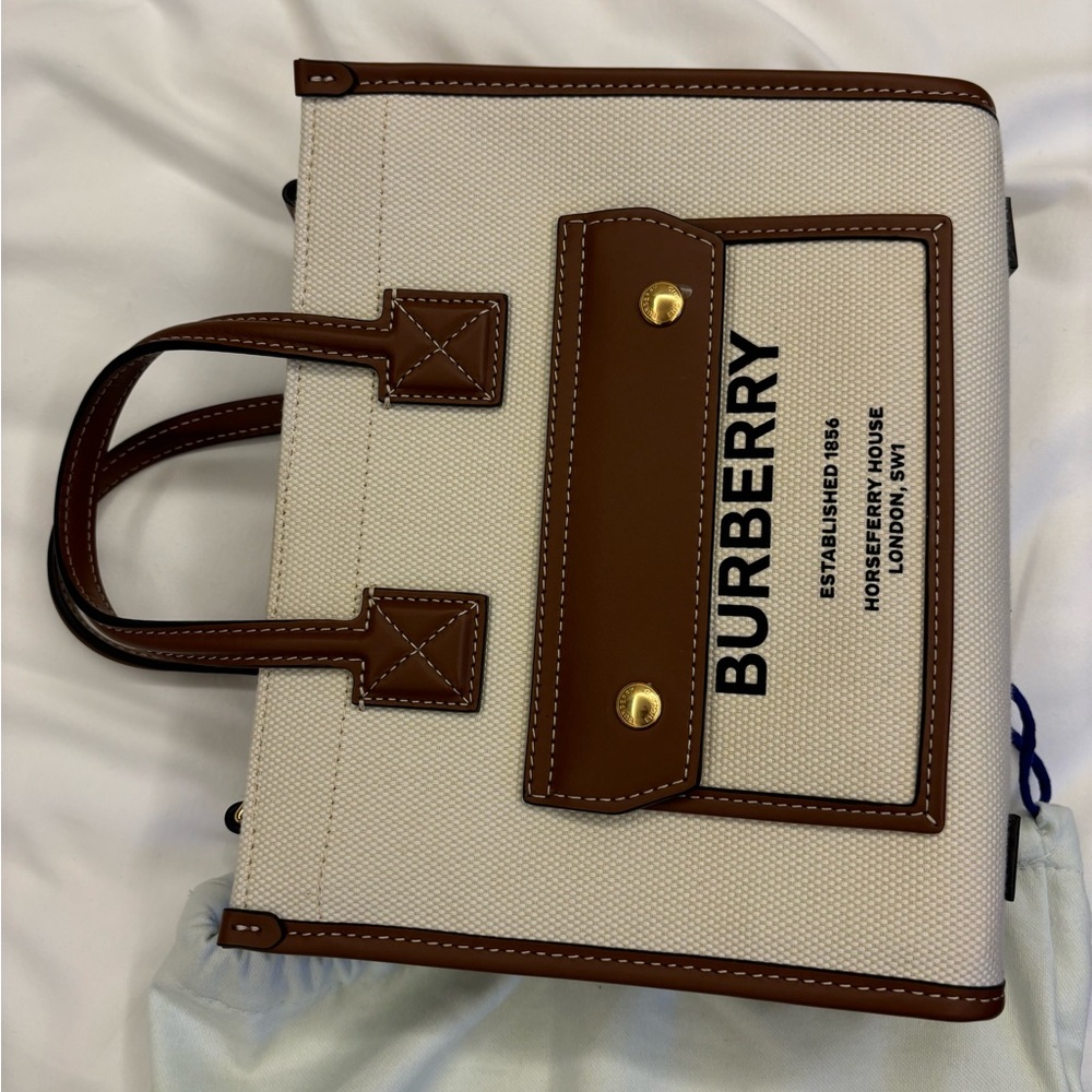 Burberry White Canvas Tote with Brown Leather Trim